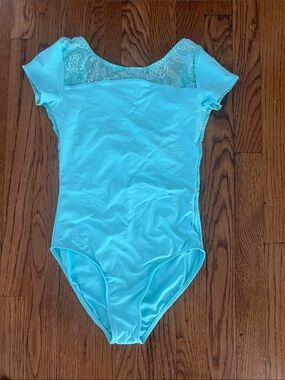 Wear Moi Short Sleeve Dance Leotard in Aqua with Lace Yoke, Adult Small
